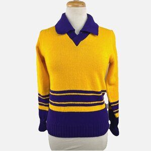 Vtg Dallas Knitting 34 XS/S Sweater Purple Gold Orlon Acrylic Collared V-neck